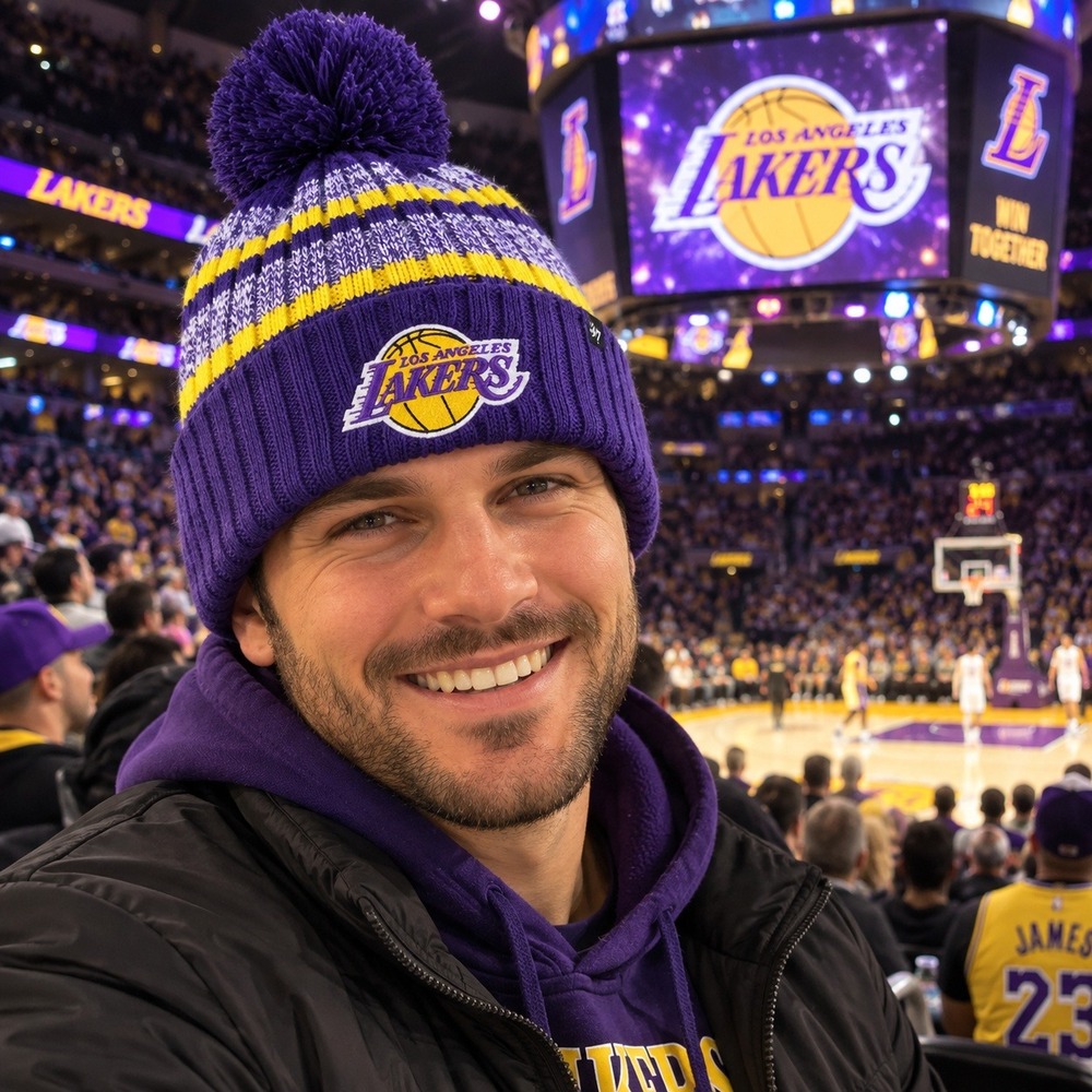 47 Brand Los Angeles Lakers Tavern Cuffed Knit Beanie Hat Purple Yellow Pom NWT